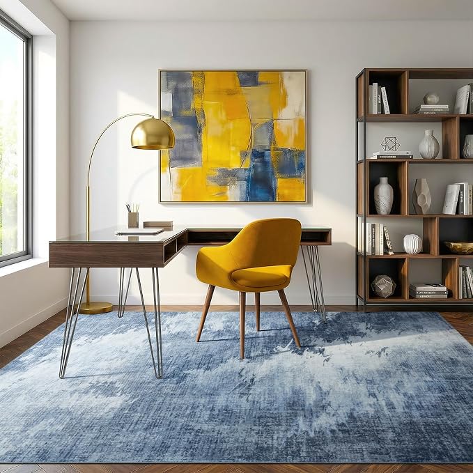 5x7 Abstract Distressed Area Rug for Living Room Washable Non-Slip | Soft Throw Rug for Bedroom with TPR Backing, Kid and Pet Friendly Low Pile Carpet for Entryway, Under Crib, Bed Side, Blue