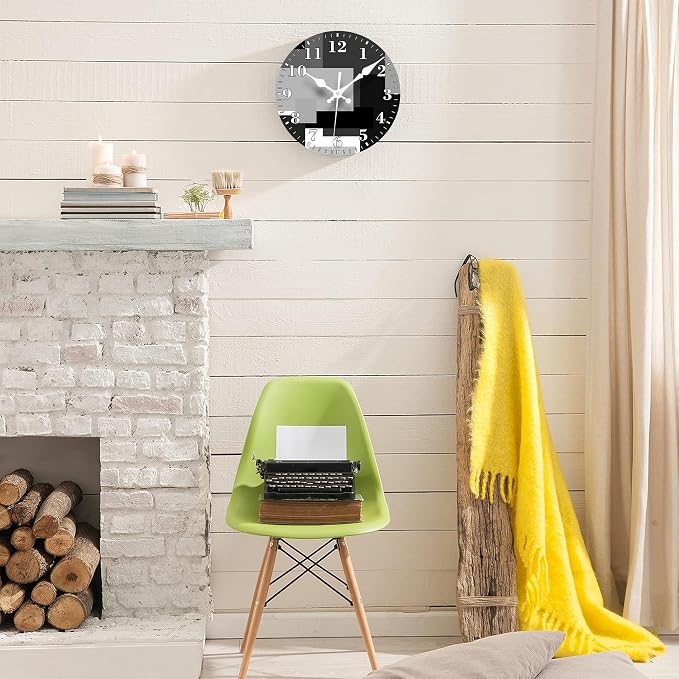 Wall Clock, Abstract Black Gray Geometric Silent Non Ticking Battery Operated Round Decorative Indoor Outdoor Clocks for Living Room Kitchen Bedroom Bathroom Patio 12"