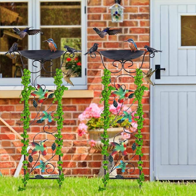 hogardeck 2 Pack 35” Metal Bird Bath with Garden Trellis for Climbing Plants Outdoor, Vintage Hummingbirds Decorative Birdbath, Garden Decor Metal Plant Support for Climbing Flowers