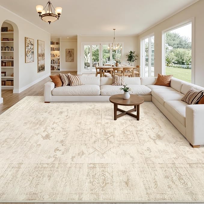 8x10 Area Rugs Living Room: Bedroom Washable Carpet Beige/Brown | Large Vintage Boho Indoor Decor Neutral Soft Nursery Farmhouse Dining Room Office Floor Non-Slip Low Pile Under Table Rug