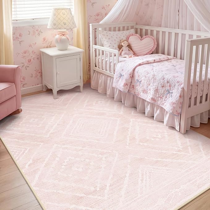 6'x9' Washable Area Rug for Living Room Bedroom Lightpink | Soft Western No Slip Low Pile Print Foldable Indoor for Kitchen Dining Room