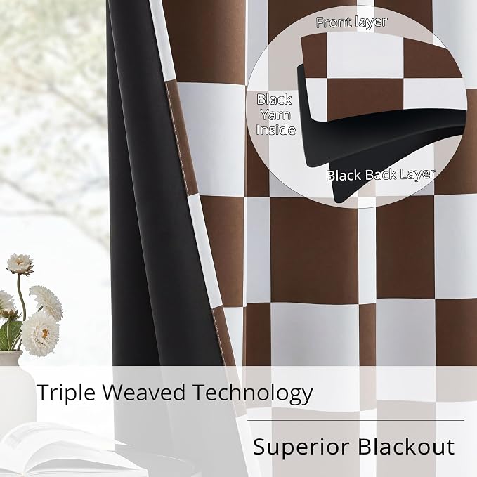 100% Blackout Checkered Curtains – 2 Panels, Each W52×L63, Thermal Insulated, Nosie Reducing for Bedroom, Modern Brown and White Checkerboard Design