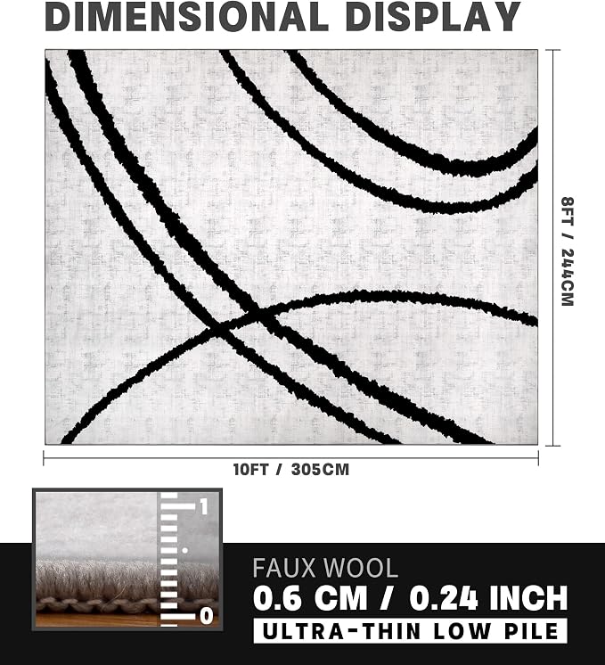 Modern Area Rugs for Living Room, 8x10 Washable Black and White Rug, Thin Abstract Geometric Striped Rug, Area Rug for Bedroom,Kitchen,Dining Room,Office