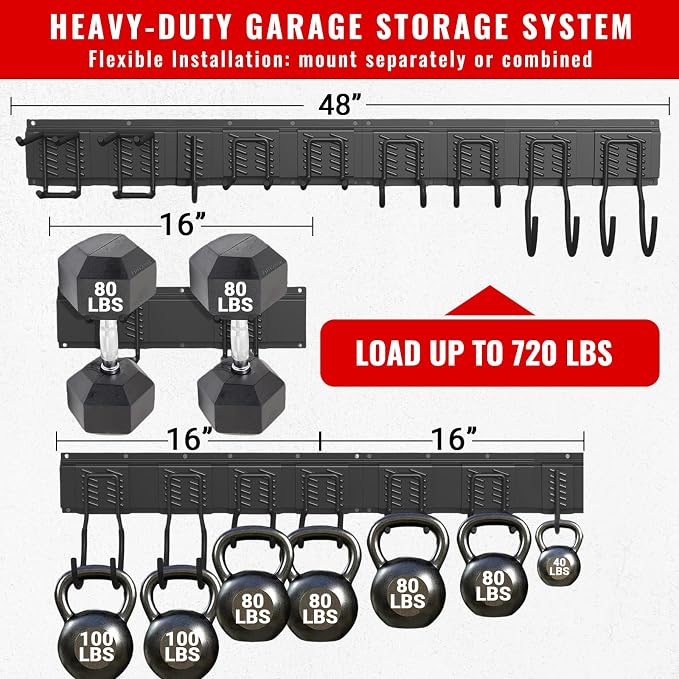 Garage Tool Organizer Wall Mount, Easy to 48inch Install Heavy-Duty Garage Storage System with 9 Adjustable Hooks, Garden Tool Rack for Shovels, Rakes, Yard Tools