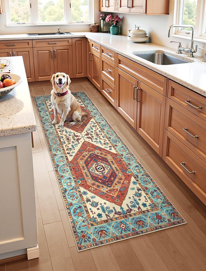 SERISSA 3x7 Washable Non Slip Boho Runner Rug for Hallway，Orange | Ultra Soft Vintage Oriental Carpet Low-Pile Distressed Tribal Floor Carpet for Kitchen Bedroom Entryway Laundry Room