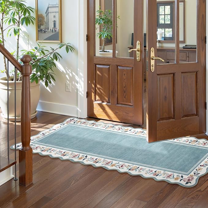 Lahome Floral Blue 2x6 Runner Rug for Hallway, Scalloped Kitchen Rug | Washable Rug Runner Non Slip, Ultra-Thin Stain Resistant Boho Carpet Runner for Laundry Bathroom Bedroom Ariele