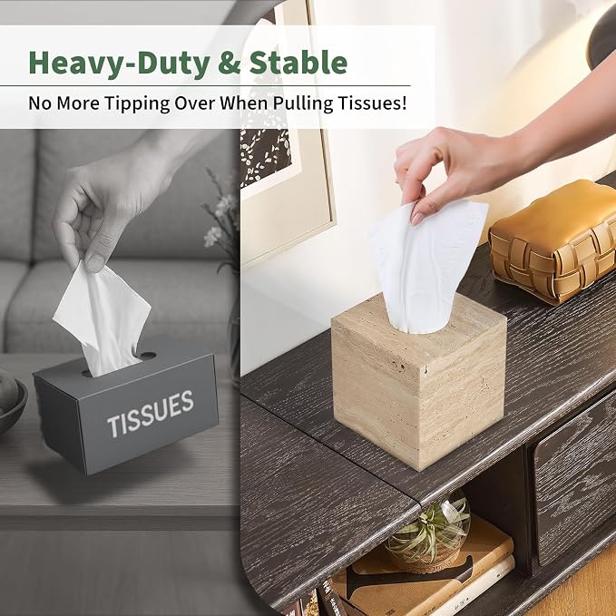 Real Natural Travertine Tissue Box Cover, 5.5 Inch Square Travertine Tissue Box Holder with Open Bottom, Heavy Stone Decorative Organizer for Bathroom Vanity, Kitchen Countertop, Luxury Home Décor