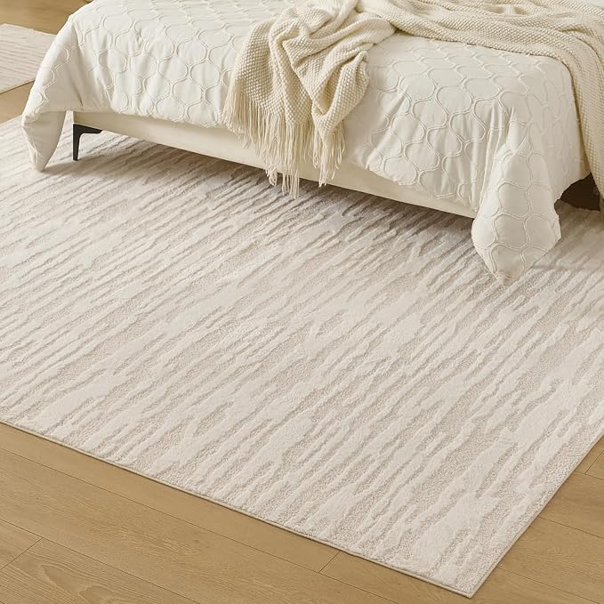 Textured High-Low Striped Area Rug for Living Room Bedroom, Modern, Wabi-Sabi, Minimalist, Japandi, Neutrel, Washable Soft Cozy 6 * 8 feet