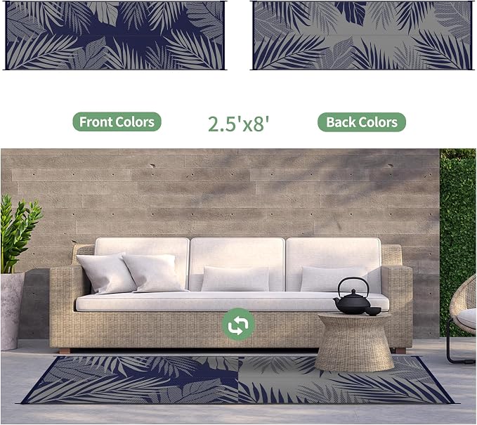 GENIMO Outdoor Rug 2.5' x 8' Waterproof for Patios Clearance, Reversible Outdoor Plastic Straw Camping Rug Carpet, Large Area Rugs Mats for RV, Camper, Deck, Balcony, Porch, Beach, Picnic, Blue&Grey
