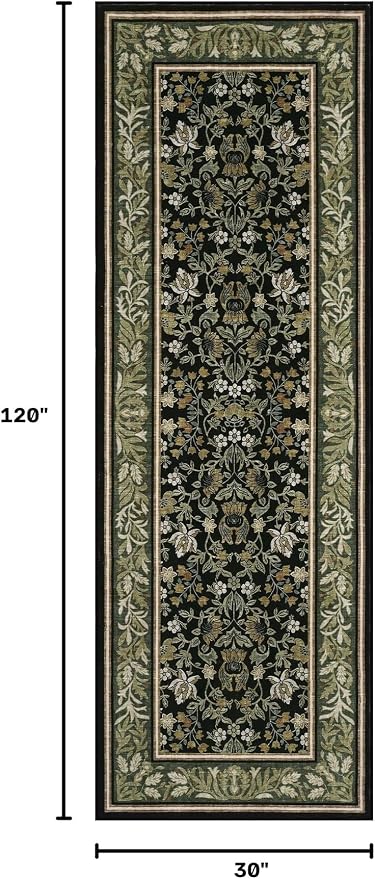 GarveeHome 2.5x10 Runner Rug Non Slip Washable Hallway Runners Green Black | Boho Vintage Runner Rugs with Rubber Backing Soft Low-Pile Stain Resistant Indoor Long Carpet for Kitchen Entryway Bedroom