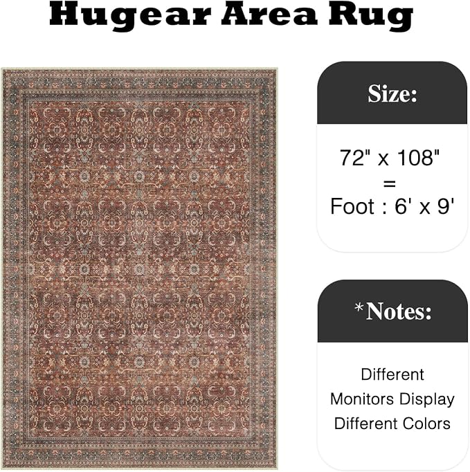 6x9 Brick Red Vintage Distressed Washable Area Rug for Living Room | Low Pile, Non Slip, Retro Style, Soft Distressed Indoor Rug for Living Room, Bedroom, Dining Room, Office, Home Decor