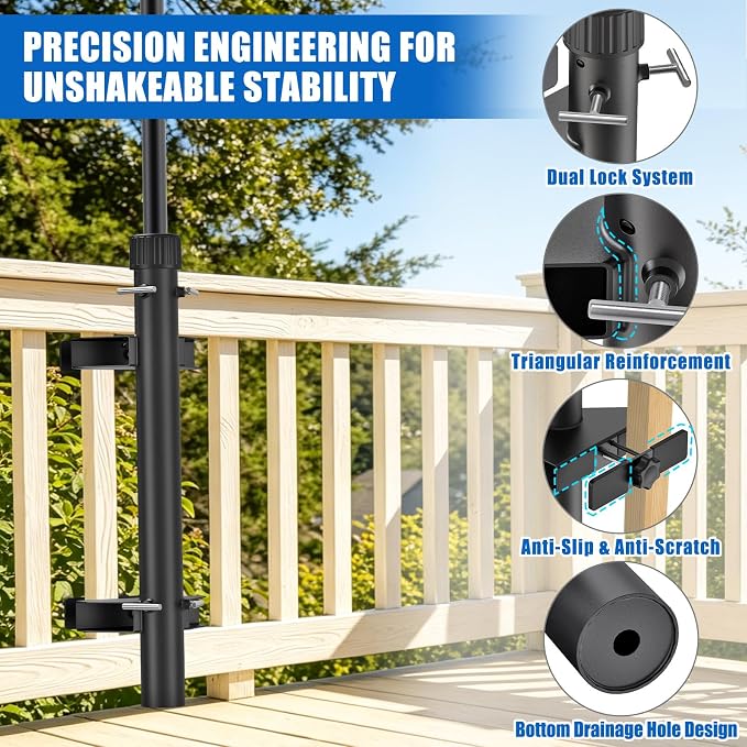 KingDolly No Drilling Deck Umbrella Mount, Heavy Duty Deck Railing Umbrella Holder with Space-Saving, Adjustable Patio Umbrella Holder for Deck Railing, Clamp on Umbrella Mount Fits 1''-1.9'' Poles