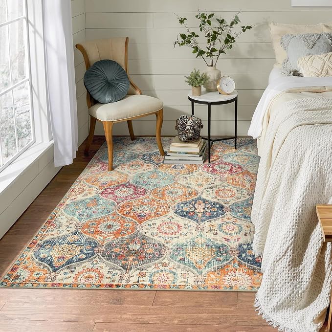 Lahome Moroccan Trellis Washable Small Area Rug, 3x5 Area Rug for Bedroom Living Room, Non-Slip Oriental Accent Throw Carpet for Kitchen Office Entryway Bathroom Office Elise, Cream/Multi