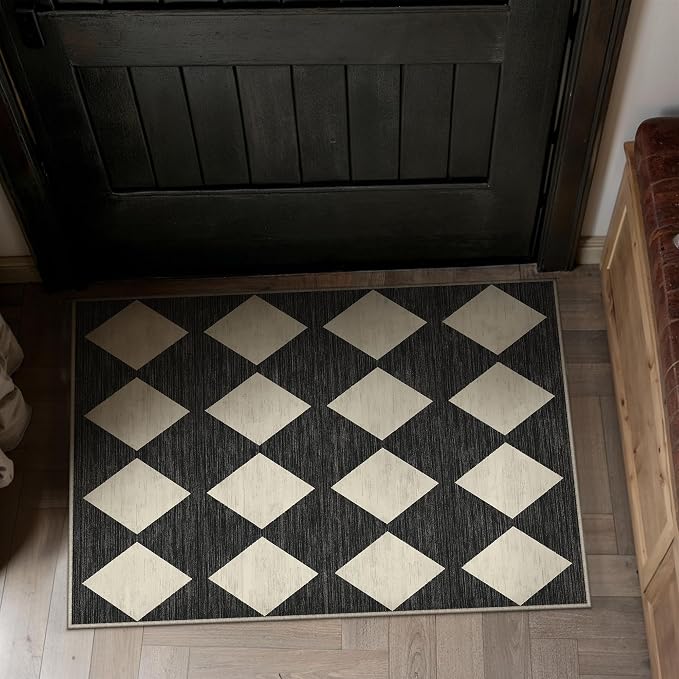 Black 2x3 Washable Area Rug Entryway Non Slip Checkered Doormat | Soft, Low Pile, Easy Clean, Diamond Pattern for Kitchen, Hallway, Bathroom, Laundry Room, Modern Indoor Decor