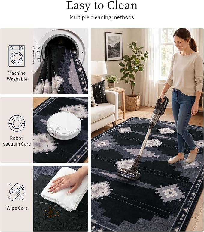 8'x10' Washable Large Living Room Area Rug, Black and Grey Tribal Aztec Rug | Soft, Non-Slip, Low Pile, Western Geometric Design, for Boy Bedroom Dining Room Playroom, Pet Friendly, Stain Resistant