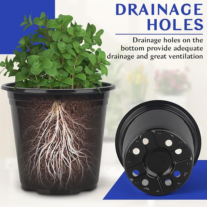 1 Gallon Pots for Plants, 7 Inch Nursery Pots with Drainage Holes, 1 Gallon Plastic Plant Pots for Cuttings, Seeding, Succulents, Transplanting