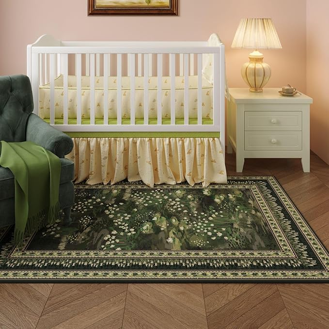 Rugcomf 5x7 Area Rugs Impressionist-Style Vintage Washable Area Rug Non Slip Low Pile Large Rugs for Living Room Bedroom Farmhouse Dining Room Kids Playroom, Green
