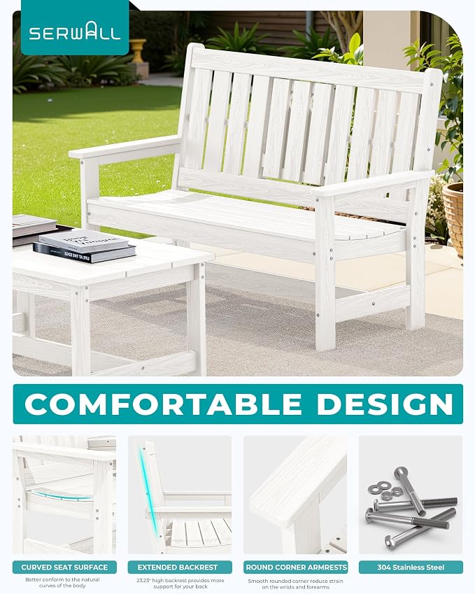 SERWALL HDPE Outdoor Bench with Cup Holder Oversized 58" Porch Bench, White | Suitable for 3 Person, Heavy-duty, High Backrest, Weatherproof Material Patio Benches for Garden, Park, Yard, Front Porch