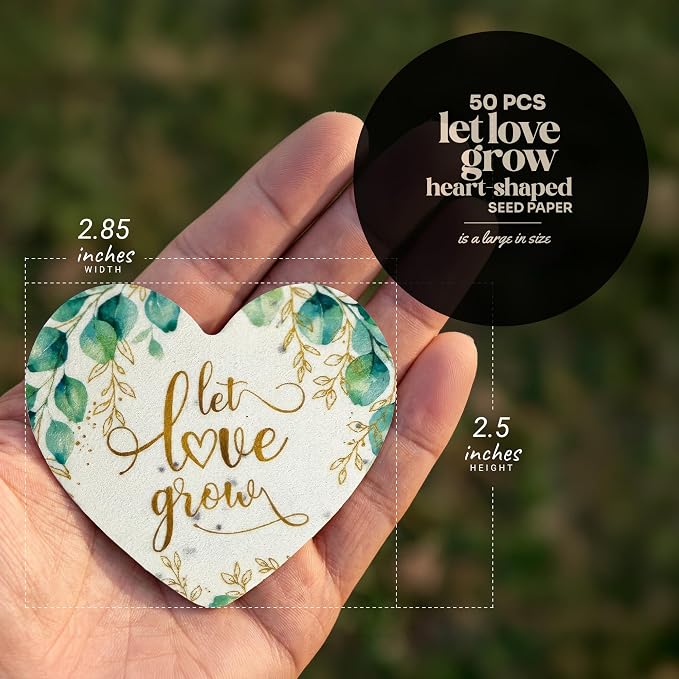 50pcs Large (2.5" h x 2.85" w) Printed Let Love Grow Heart-Shaped Seed Paper – Writable & Plantable Wildflower, Mom's Gift for Birthday, Use for Wedding, Baby Shower, & Heart Party Favors