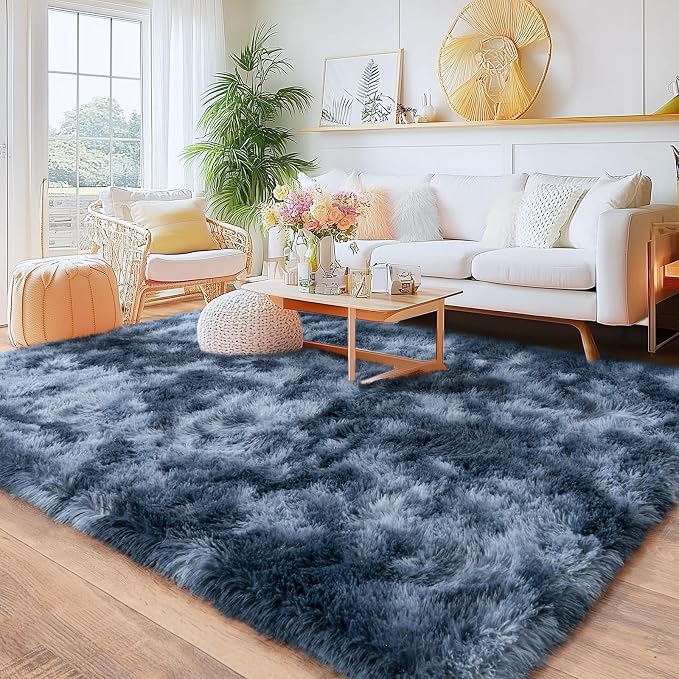 Rugs for Living Room, Ultra Fluffy Fuzzy Shag 6x9 Area Rug for Bedroom, Modern Plush Soft High Pile Upgrade Non-Slip Carpet for Kids Girls and Boys, Dorms, Home Decor, Tie-Dyed Blue Grey