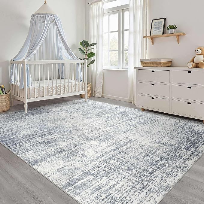 LOONGRUG 8x10 Area Rugs Washable Neutral Modern Rug for Living Room Blue | Abstract Soft Stain Resistant Indoor Non-Slip Carpet for Bedroom Nursery Kids Office Playroom Dining Room