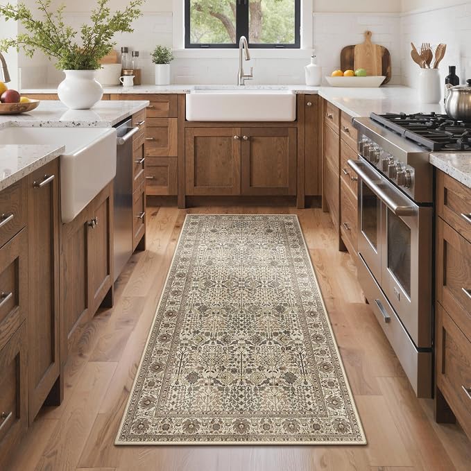 2x8 Kitchen Runner Rug, Washable Non Slip, Dark Espresso | Vintage Floral Design, Spill Resistant Lightweight Low Pile Carpet for Hallway, Bedroom, Laundry Room, Bathroom