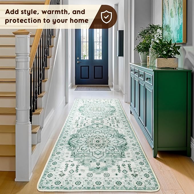 LBRO2M Machine Washable Rug Soft Pet Friendly Carpet 2X6 Green | Persian Runner Rug 2X6 for HallWay, Bedroom, Kitchen, Laundry Room, Non Slip Carpet, Foldable Stain Resistant Rugs