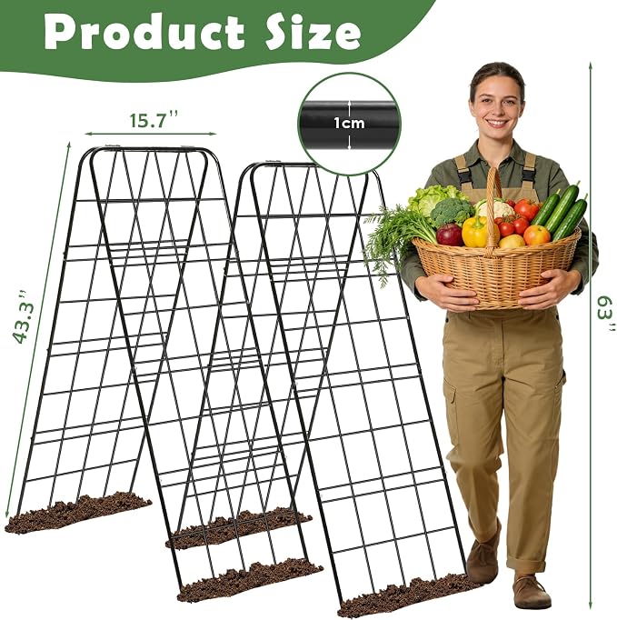 2 Pack Cucumber Trellis 43.3’’x15.7’’ with Twist Tie and Clips, A-Shaped Garden Trellis for Climbing Plants Heavy Duty Metal Plant Support for Cucumber, Grape, Tomato, Pea, Bean, Flower, Raised Bed