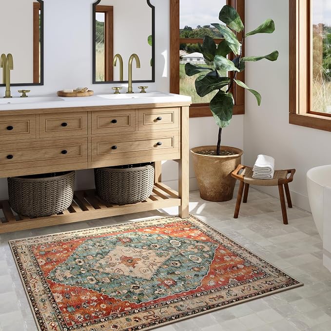 Lahome Felice Boho Tribal 3x5 Washable Entry Throw Rugs for Bedroom, Bohemian Entryway Kitchen Rugs Non Slip Washable, Indoor Low-Pile Carpet for Bathroom Living Room (Rust/Dull Teal,3x5ft)