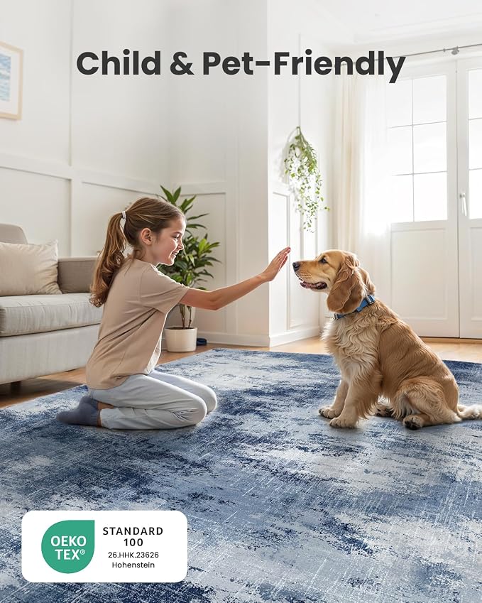 AMADA HOMEFURNISHING 8x10 Area Rugs for Living Room, Modern Washable Rug with Non-Slip Backing & Low Pile, Large Rug with Abstract Print Pattern for Bedroom, Dinning Room,Home Office, Dark Blue