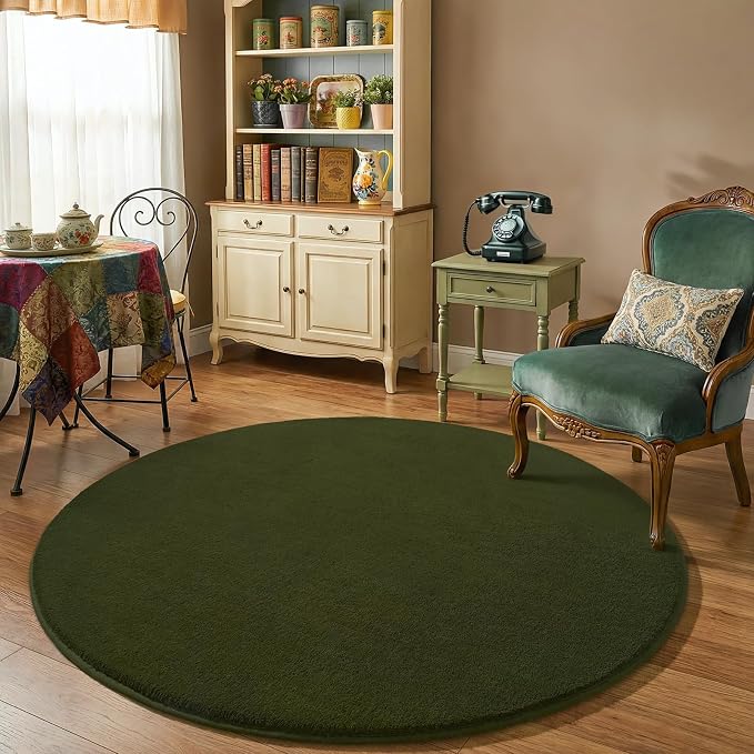 Amearea Olive Green Round Area Rugs 5ft Circle Rugs for Bedroom Living Room | Washable Fluffy Indoor Thickened Memory Foam Rug, Non Slip Minimalist Circular Carpet for Kids Boy Girl Dorm Nursery Room