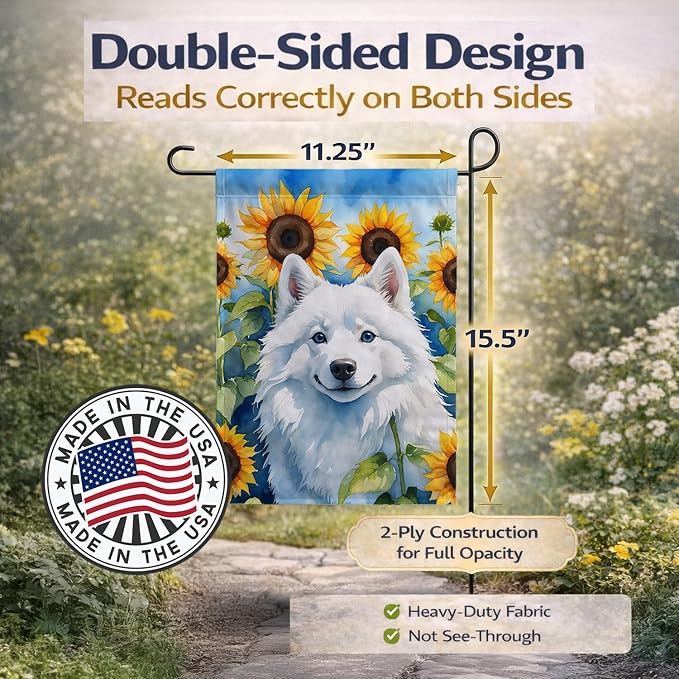 Caroline's Treasures DAC6008GF American Eskimo in Sunflowers Garden Flag Mailbox Flag Decorative Yard Flag Banner Outside Patio Artwork Yard Flower Beds, Garden Size, Multicolor
