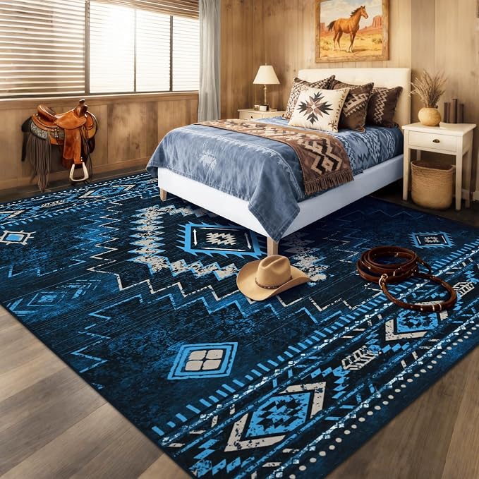 Yinhua Western 8x10 Rugs for Living Room, Morrocan Washable Rugs Non Slip | Low-Pile Blue Rug for Bedroom, Aztec Large Area Rug Non-Slip with Rubber Backing, Soft Non-Shedding Carpet for Office Nursery