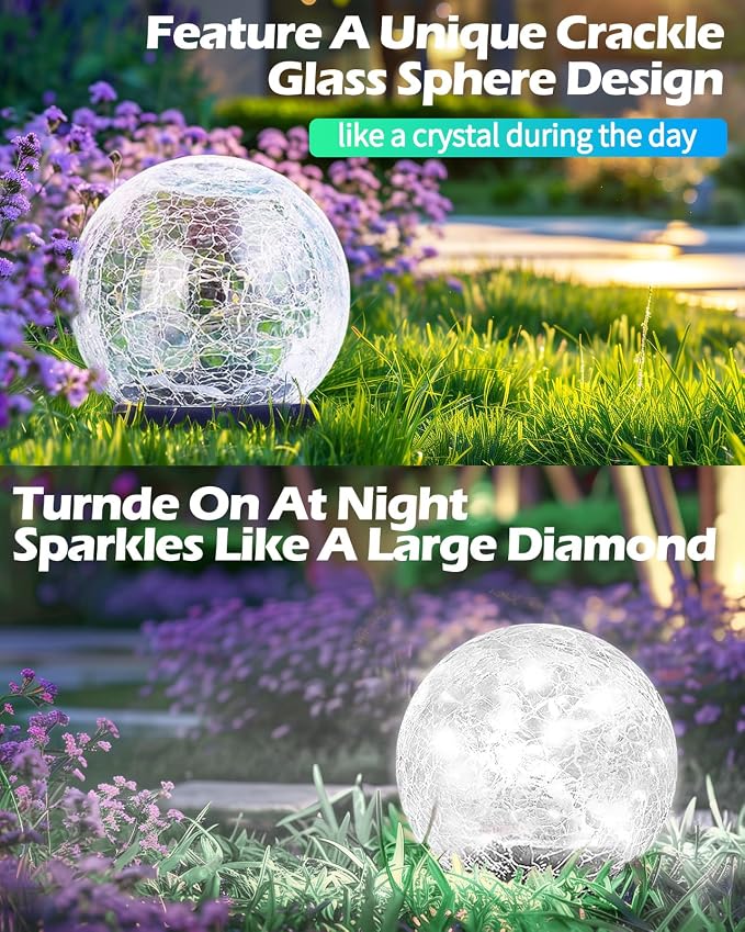 Garden Solar Ball Lights Outdoor Waterproof, 80 LED Cracked Glass Globe Ground Lights for Path Yard Patio Lawn, Outdoor Decoration Landscape White (2 Pack 5.9'')