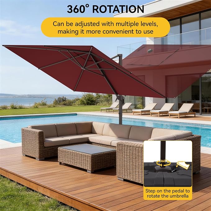 9x12 FT Cantilever Patio Umbrella, Large Rectangular Offset Outdoor Umbrella with 360° Rotation, Heavy Duty Shade Umbrella for Garden Backyard Deck Poolside Courtyard, Red