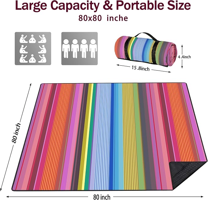 Picnic Blankets Beach Blanket 80" X 80" Extra Large Waterproof Camping Blankets Portable Outdoor Mat 3-Layer Blanket for Beach, Hiking, Park, Music Festival, Grass Lawn,Travel