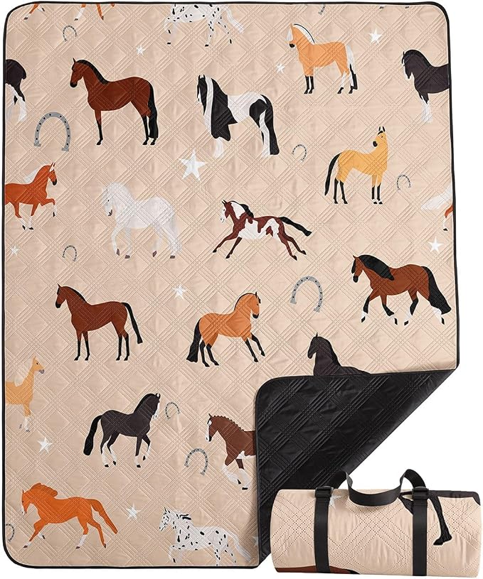 Outdoor Picnic Blanket,Portable Sandproof Waterproof Picnic Mat,Horses Printed Camping Beach Mat for Sand and Wet Grass Hiking (Horses S)