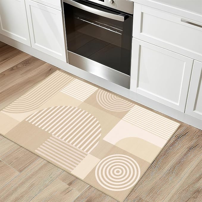 Beige Geometric Rug 2x3 for Entryway Machine Washable White Mid Century Modern Rug Non Slip Low Pile Minimalist Line Rugs Door Indoor Mat Carpet for Bathroom Bedroom Kitchen Laundry,Beige