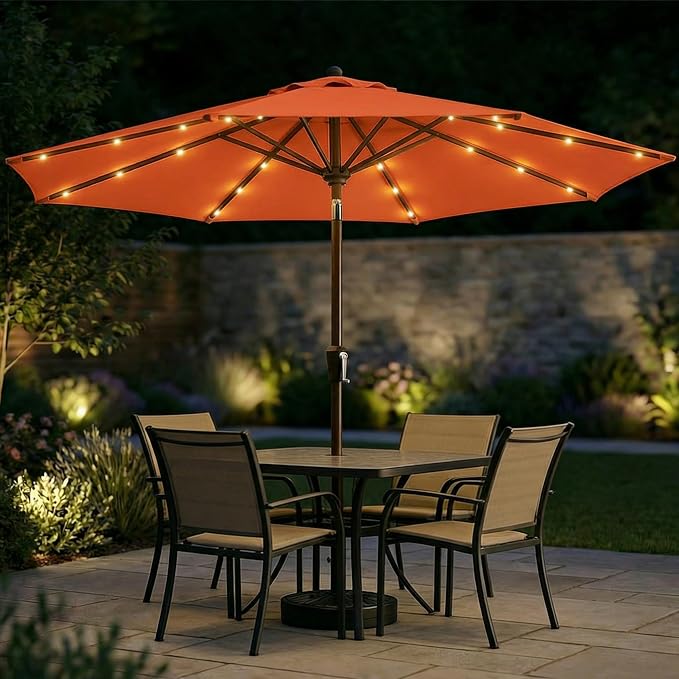 10FT Solar Patio Umbrella with Lights, Outdoor Table Market Umbrella with 32 LED Lights, 8 Sturdy Ribs, Push Button Tilt and Crank for Pool, Deck and Garden, UV-Resistant