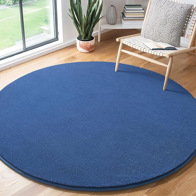 Amearea Blue Round Area Rug 4ft Washable Circle Rug for Bedroom Living Room | Fluffy Indoor Thickened Memory Foam Rugs, Non Slip Minimalist Circular Carpet for Kids Boys Girls Dorm Nursery Room Decor