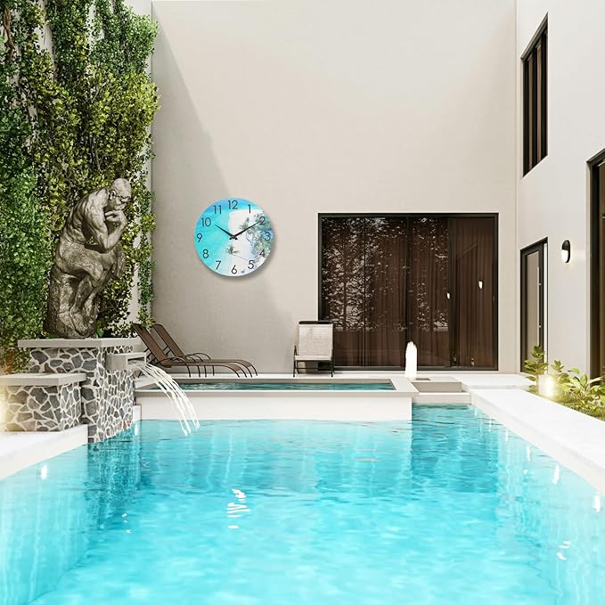 14 Inch Outdoor Clock Waterproof – Tempered Glass Silent Non-Ticking, Tropical Beach Theme Nautical Coastal Decor Wall Clock for Patio Pool Garden Bathroom