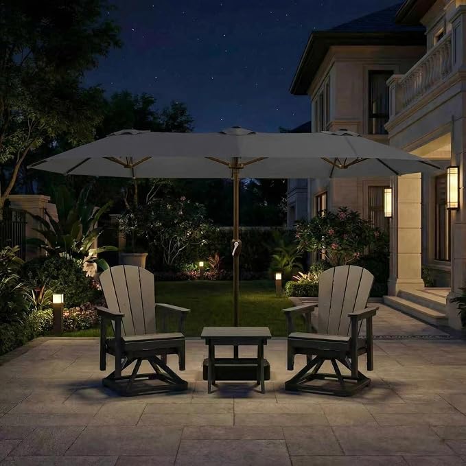15FT Large Patio Umbrella with Base Included, Double Sided Outdoor Market Umbrella with Flexible Fiberglass Ribs, UV-Blocking Extra Large Umbrella for Garden, Pool, Deck, Gray