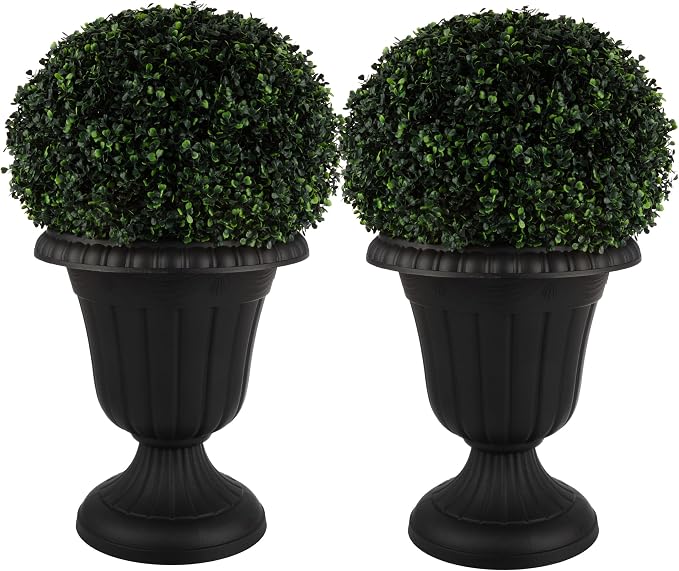 Outdoor Planter 2-Pack - 16x18-Inch Urn Planters - Plastic Plant Pots for Indoor, Outdoor, or Front Porch Decor - Flower Pots by Pure Garden (Black)