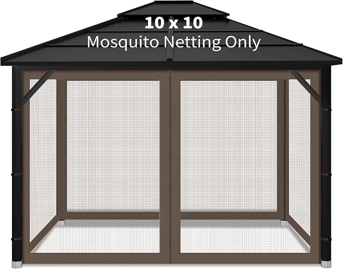Gazebo Replacement Mosquito Netting Outdoor Universal Gazebo Canopy 4-Panels Screen Sidewalls with Zipper for Patio Garden Yard Backyard (Mosquito Net Only) (10x10, Coffee)