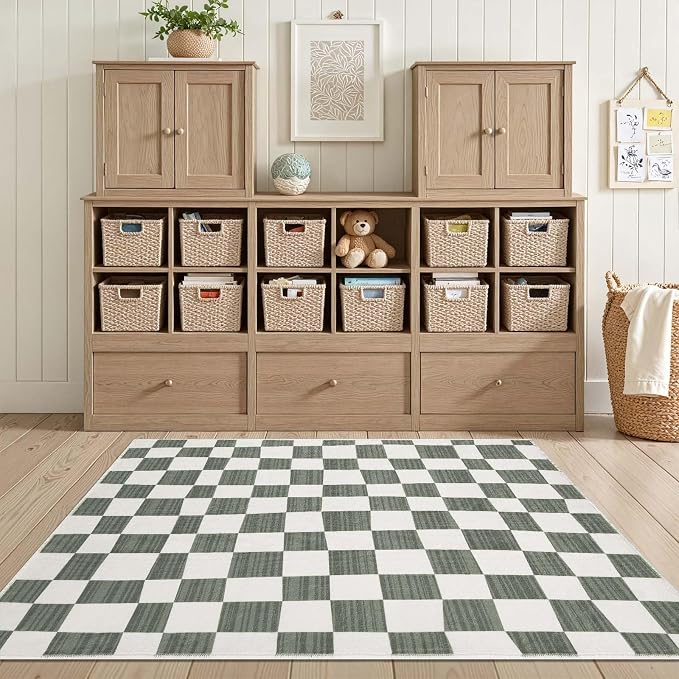 jinchan 3x5 Area Rug Washable Modern Checkered Rug for Kids Room, Grey | Geometric Lattice, Soft, Non-Slip, Floor Carpet, Kitchen, Nursery, Bedroom, Living Room, Entryway, Bathroom, Nursery Playroom