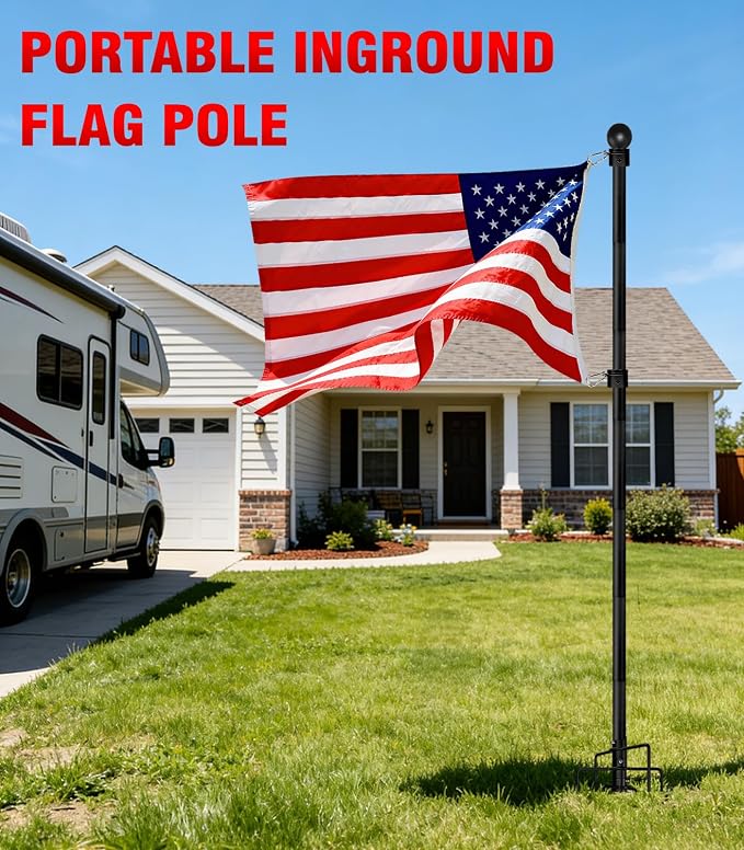 304 Stainless Steel 8FT In Ground Flag Pole with 7 Prongs Base, Heavy Duty Extra Thick Camper Flag Pole, 1 Inch Inground Flag Pole for Outside House, Yard, Garden (Black-8FT)