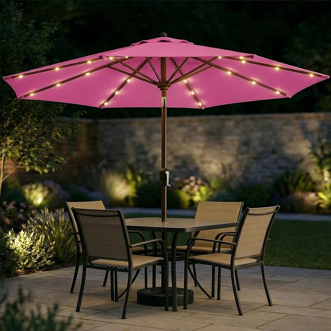 10FT Solar Patio Umbrella with Lights, Outdoor Table Market Umbrella with 32 LED Lights, 8 Sturdy Ribs, Push Button Tilt and Crank for Pool, Deck and Garden, UV-Resistant
