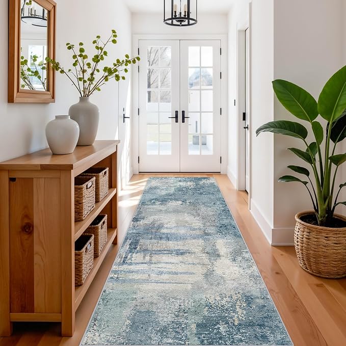 3x10 Abstract Modern Extra Long Runner:Non Slip Washable Rug Blue | Indoor Hallway Carpet for Long Entryways, Kitchen, Bedroom - Soft Thin Low Pile Floor Runners for High Traffic Areas