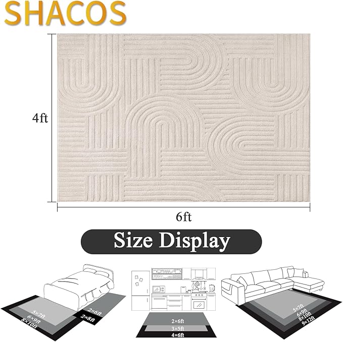 SHACOS Soft Cozy Fluffy Arch Pattern High Low Pile Area Rugs 4'x6' Non Slip Washable Scandinavian Minimalist Rug Modern Geometric Arc Carpet for Living Room Bedroom Dining Room, Beige