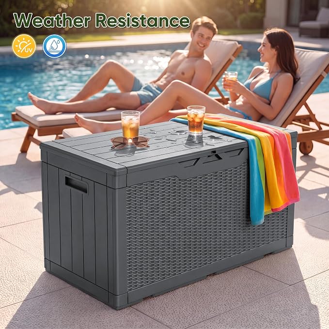 Flamaker Outdoor Storage Box 100 Gallon Waterproof Resin Deck Box Delivery Box with Air Rod Indoor Outdoor Lockable Storage Bench for Patio Cushions, Tools, Pool Accessories (Gray)